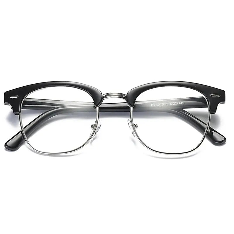 A pair of black metal-framed computer glasses with clear lenses.