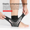 A hand is applying an elastic compression band to an ankle joint for support and pain relief.