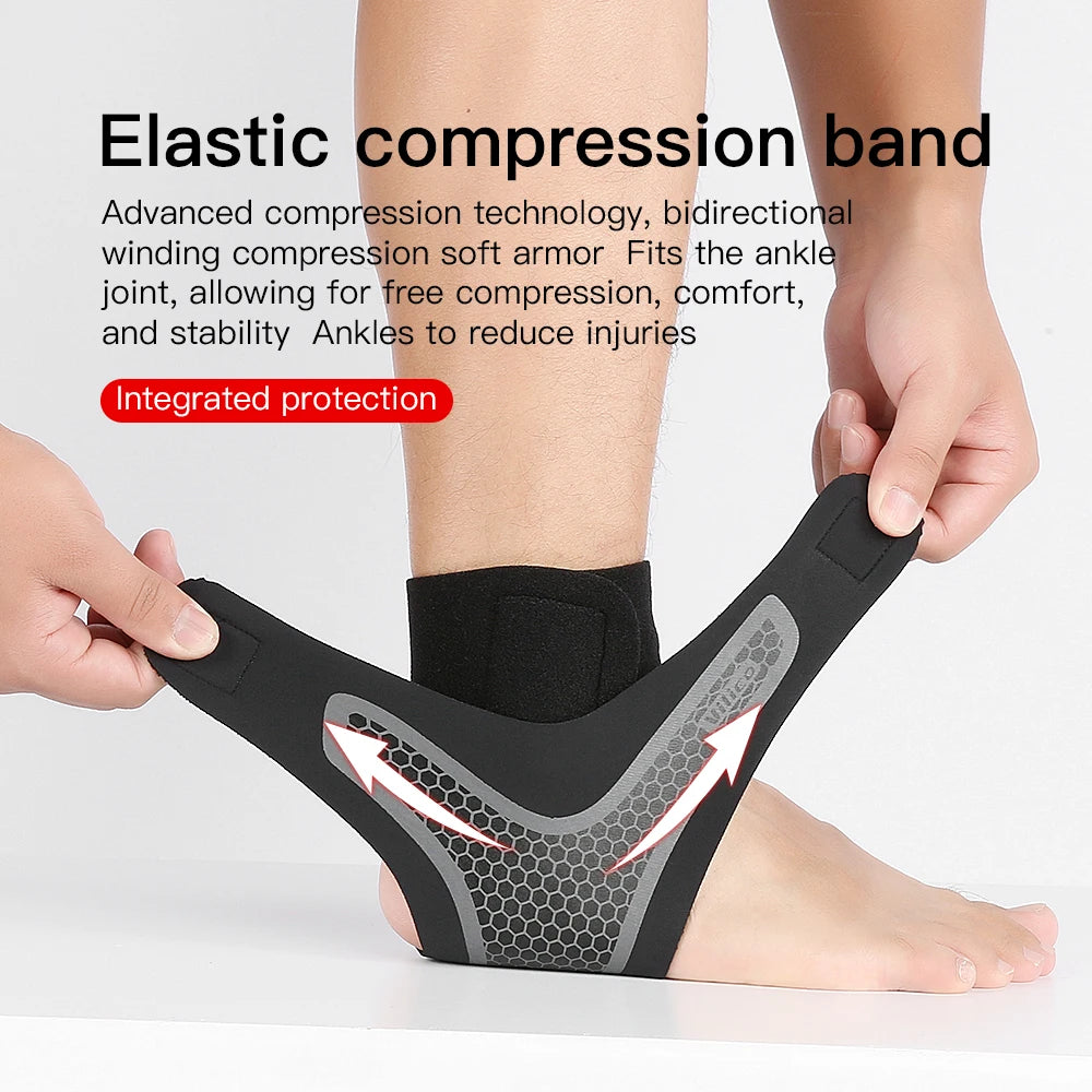 A hand is applying an elastic compression band to an ankle joint for support and pain relief.