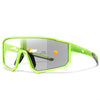Lime green photochromic sports sunglasses with black frames and clear lenses