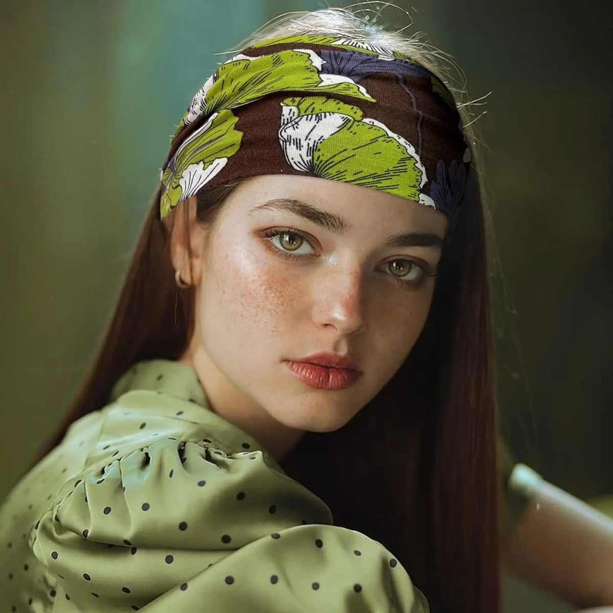 Une jeune femme aux longs cheveux noirs porte un bandeau à motifs et un haut à pois verts.