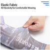 Close-up of a hand stretching an elastic fabric arm sleeve for comfortable wearing.