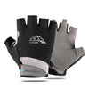 A pair of black and gray sports gloves for sun protection and ice silk use.