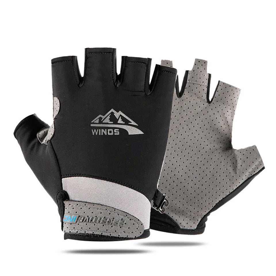 A pair of black and gray sports gloves for sun protection and ice silk use.