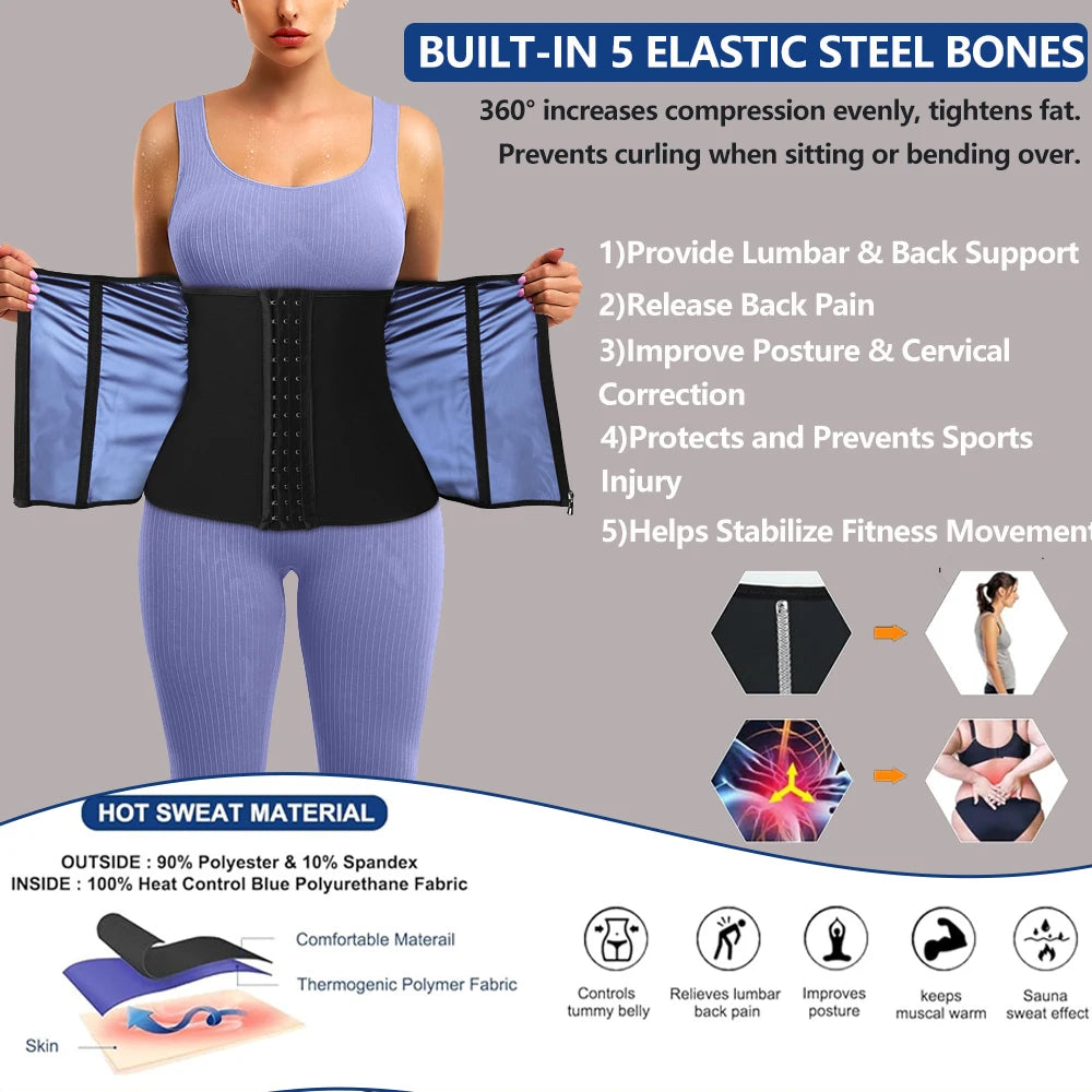 A woman wearing a purple built-in elastic steel bone waist trainer corset for back and core support.