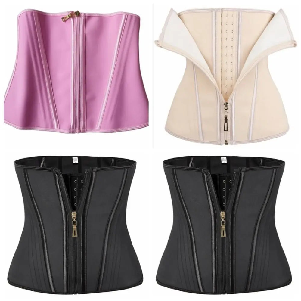 Trois versions de corsets de gainage sans couture pour le ventre en rose, beige et noir.
