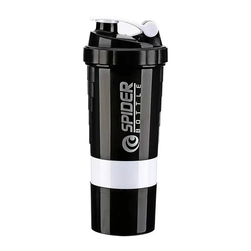 A black portable protein shaker bottle with a white band and a clear cap.