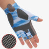 Gants de pêche anti-dérapants bleus et gris à demi-doigts avec motif texturé.
