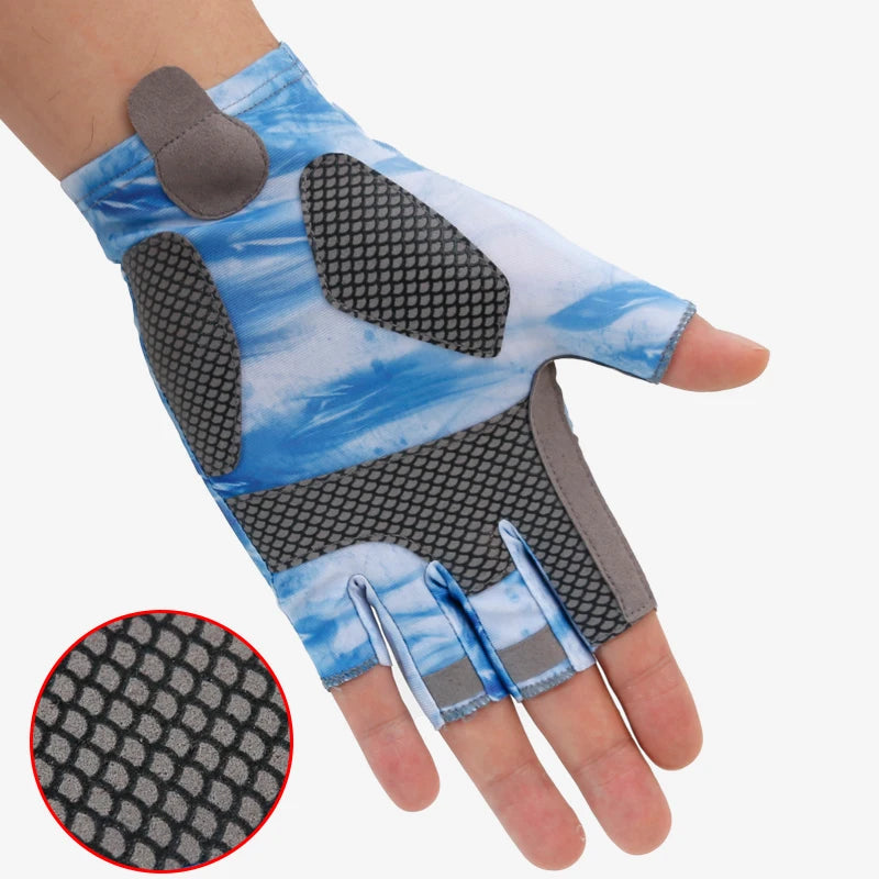 Gants de pêche anti-dérapants bleus et gris à demi-doigts avec motif texturé.