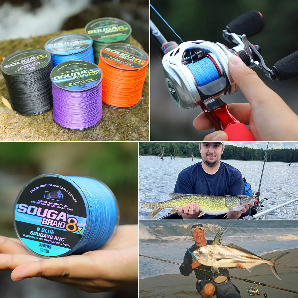 A collection of SOUGA BRAID 8x fishing line spools in various colors, including black, purple, and orange.