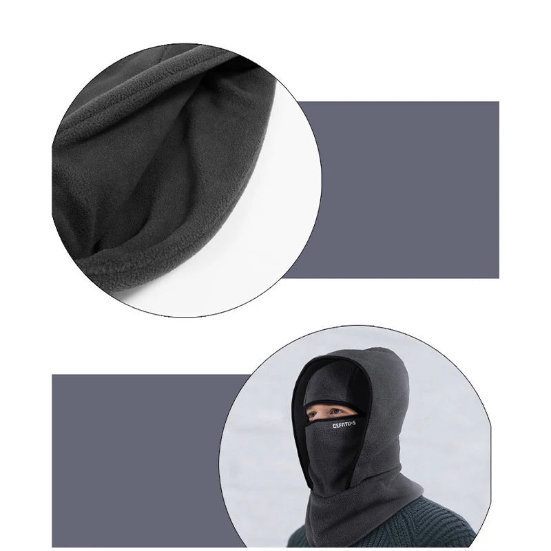 A close-up view of a black double-layer winter beanie shown in a circular inset and a full product shot.