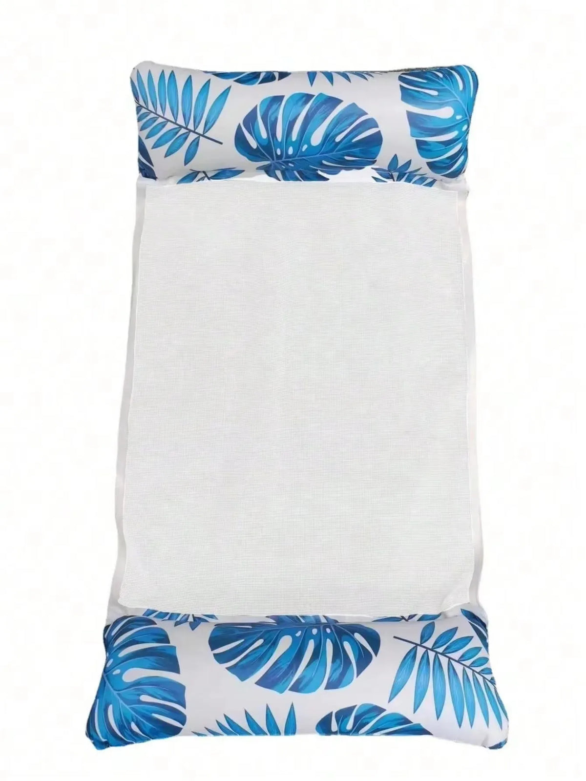 White inflatable pool float hammock with blue tropical leaf pattern
