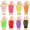 A collection of mesh fingerless gloves in various bright colors including pink, yellow, orange, lime green, red, purple, and 
