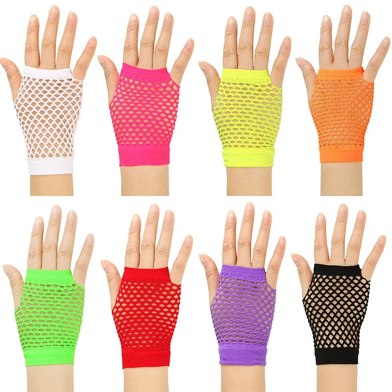 A collection of mesh fingerless gloves in various bright colors including pink, yellow, orange, lime green, red, purple, and 