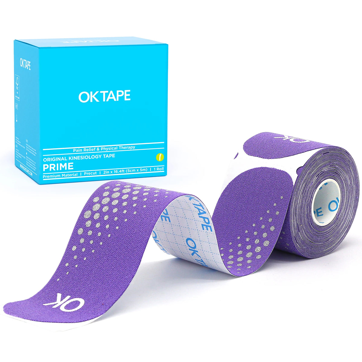 A roll of purple OKtape kinesiology tape is shown next to its packaging box.