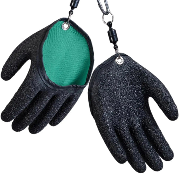 A pair of black anti-slip fishing and handling gloves with green palms hanging from a silver clasp.