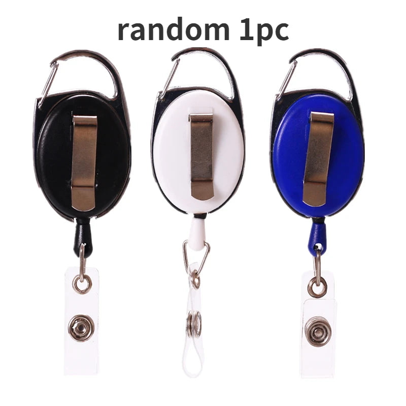 Three random 1pc retractable ID badge reel keychains in black, white, and blue.