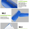 Details of a blue sports shin guard showing curved design, rugged shell, and eva cushioning foam.