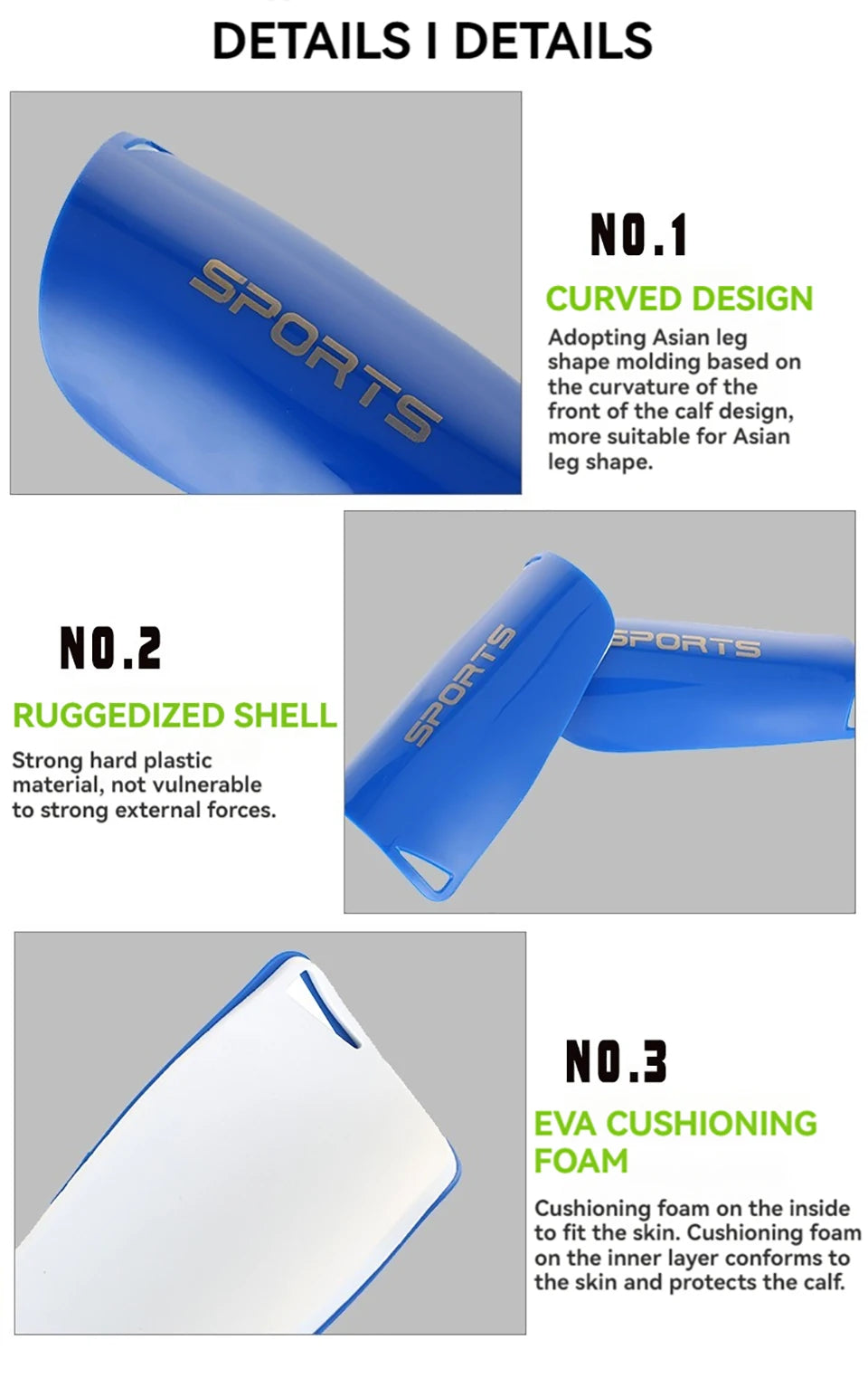 Details of a blue sports shin guard showing curved design, rugged shell, and eva cushioning foam.