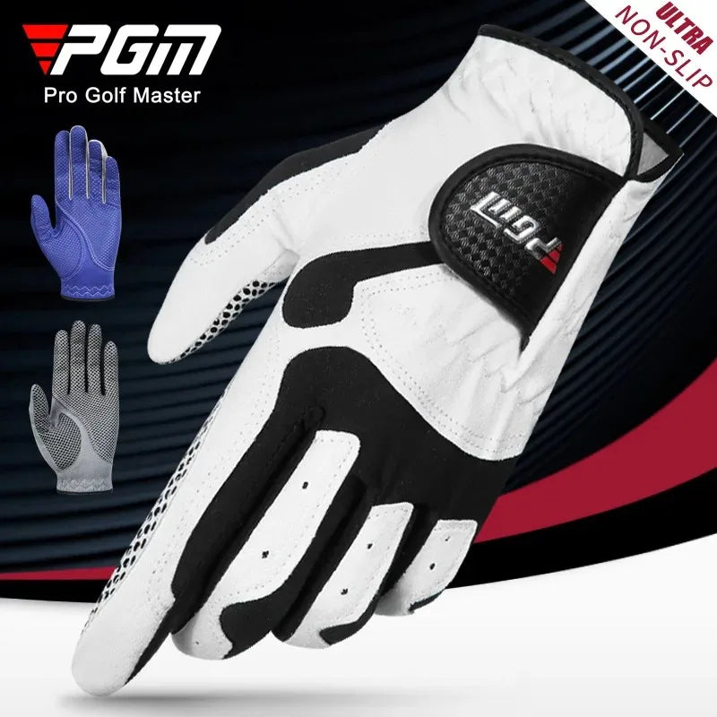 A close-up view of a white and black PGA Pro Golf Master glove being worn on a hand.