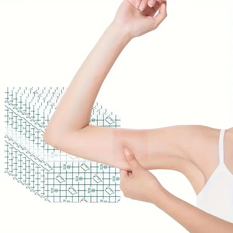A person's arm is shown with invisible leg lifting patches applied to the skin.