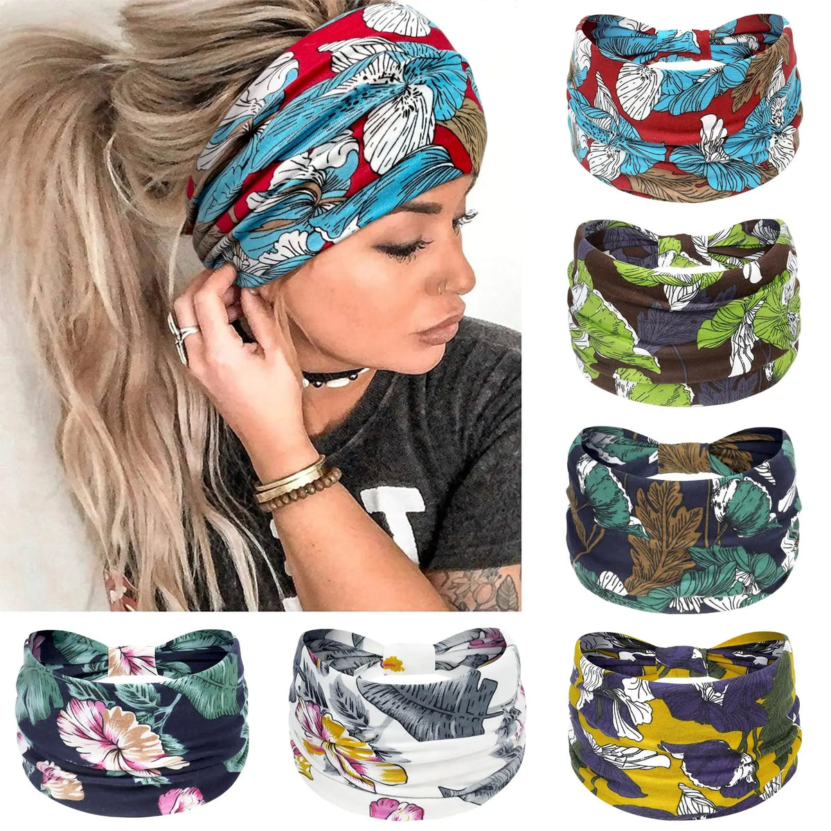 Collection de bandeaux de tête en coton stretch bohèmes colorés à motifs floraux et feuillages sur les cheveux d'une personne