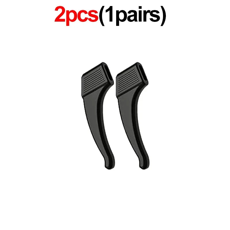 Two black silicone eyeglass ear hooks for anti-slip grip