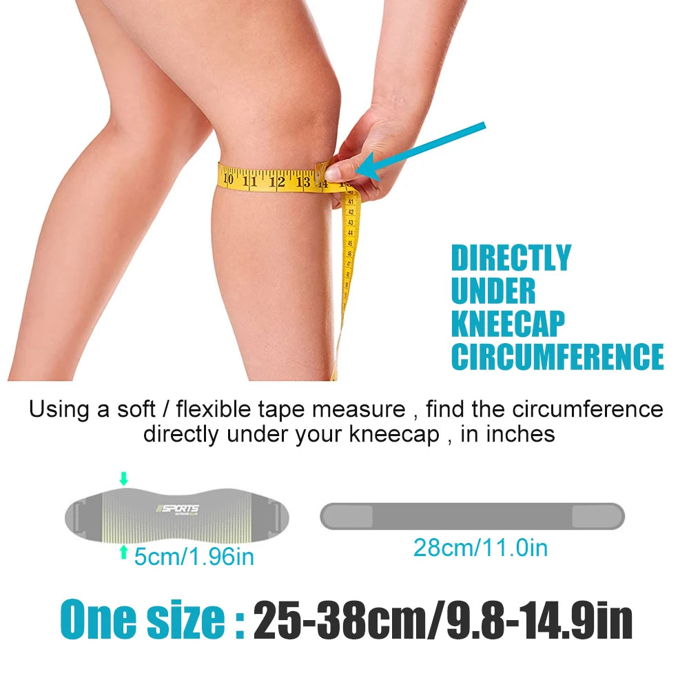 A hand measures the circumference directly under a kneecap using a soft tape measure for patellar tendon support.