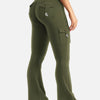 A model wearing olive green high-waisted flared fitness pants with cargo pockets.