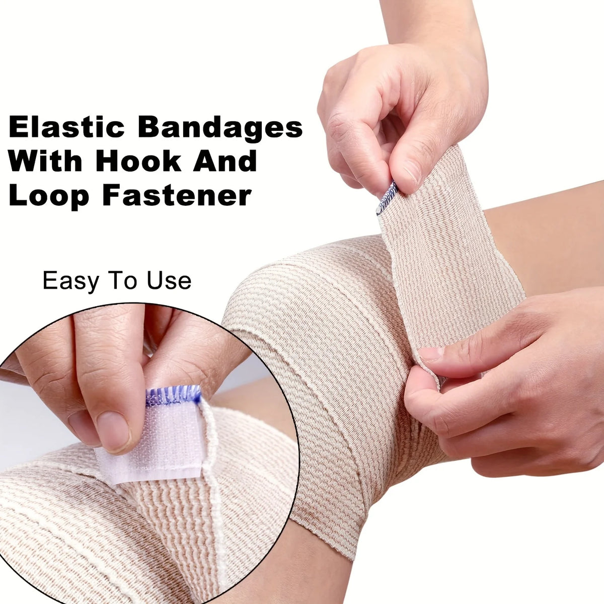 Hands are shown applying an elastic bandage with a hook and loop fastener to a wrist.