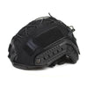 Black tactical helmet cover designed for airsoft and paintball