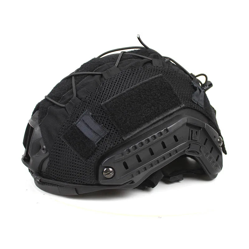 Black tactical helmet cover designed for airsoft and paintball