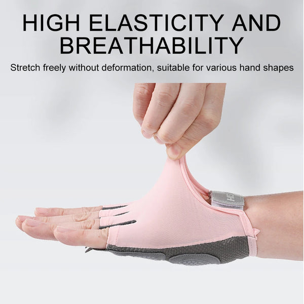 A hand is stretching a pink elastic glove onto a wrist, demonstrating high elasticity and breathability.