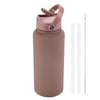 A matte pink stainless steel vacuum flask water bottle with a hinged lid and a separate straw.