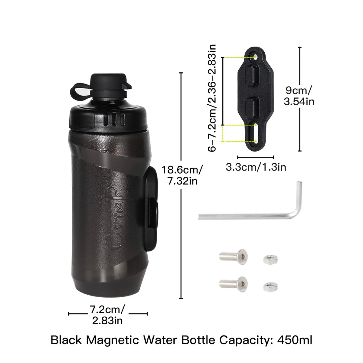 Black magnetic water bottle with a quick-release cap and mounting bracket
