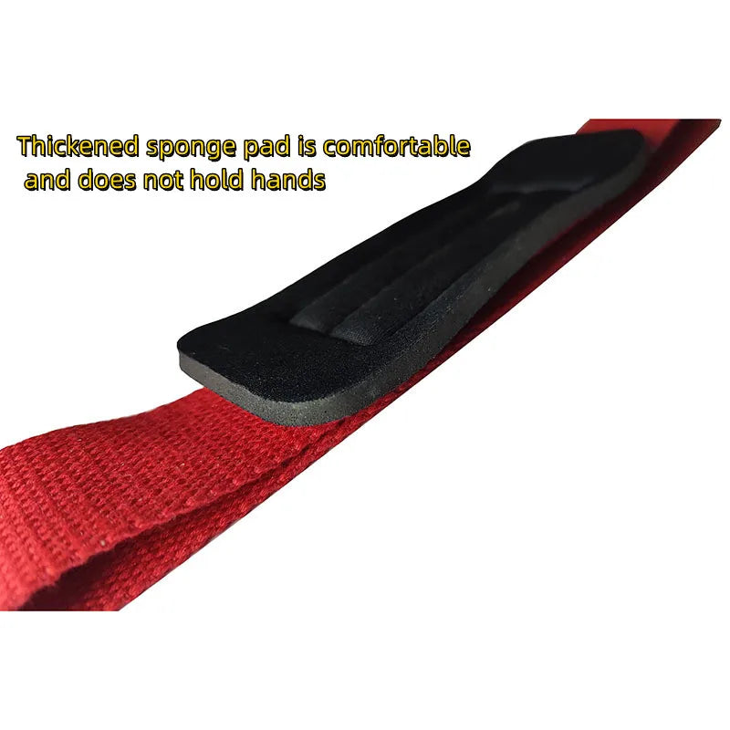 Red gym lifting strap with a black sponge pad and wrist support