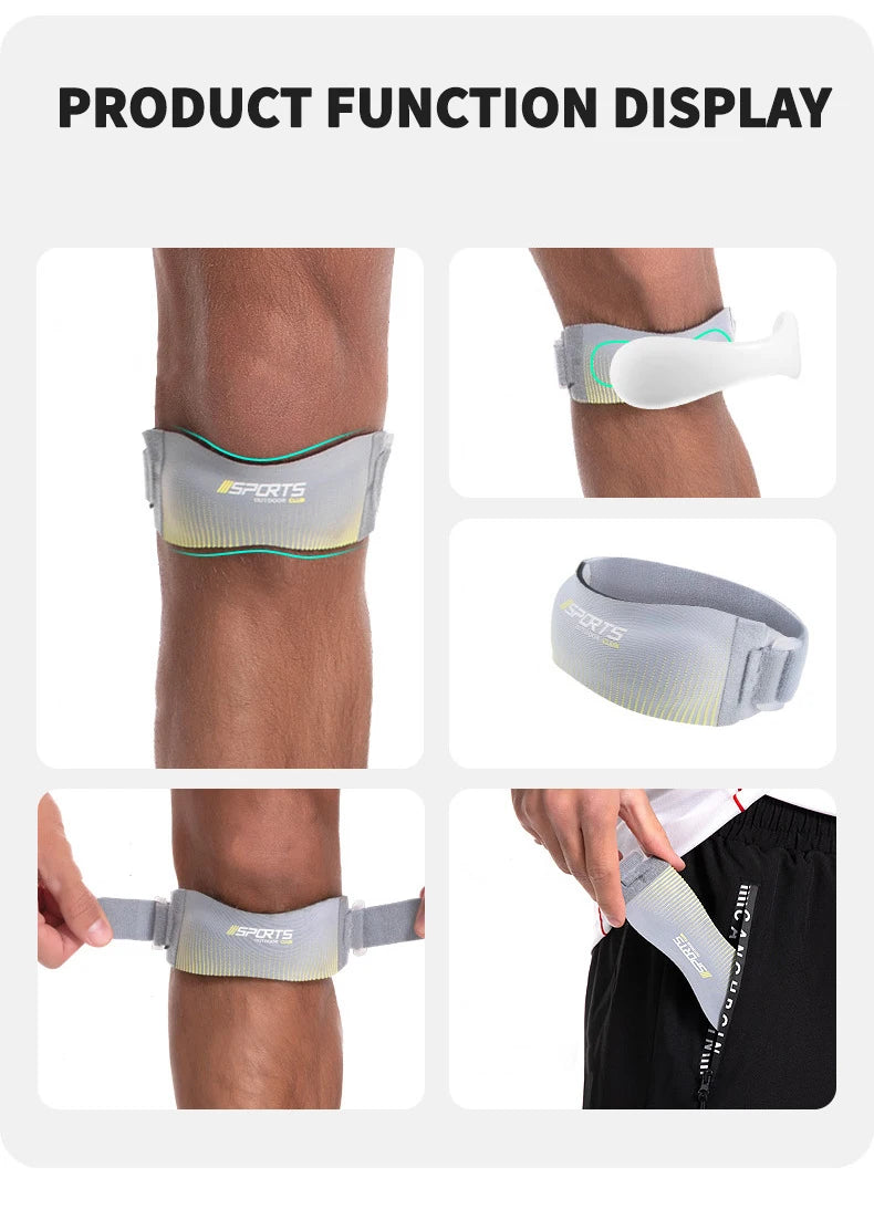 Display of an adjustable knee strap for tendon support shown on a leg and hand.