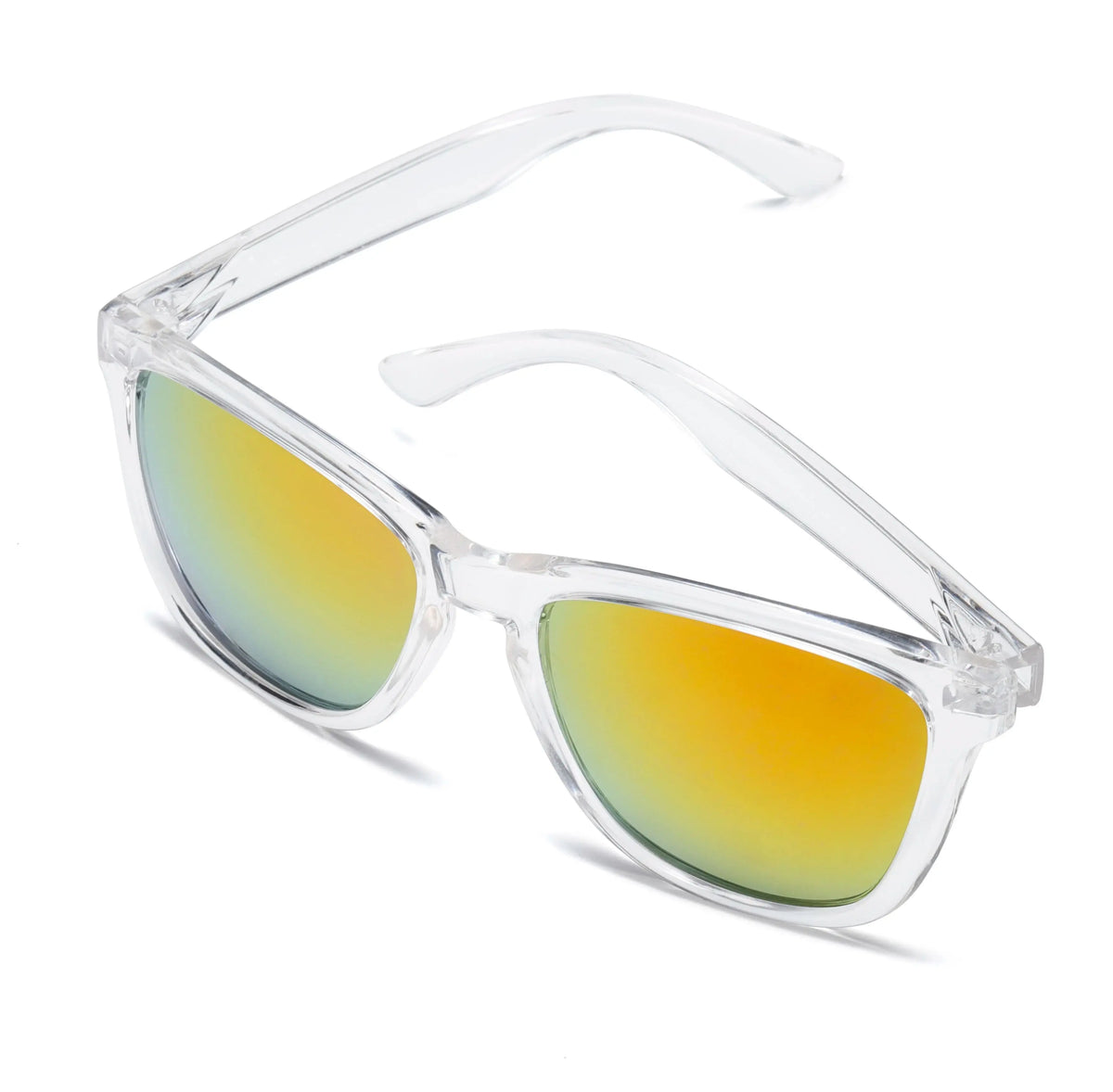 Clear plastic frame sunglasses with gradient mirrored lenses