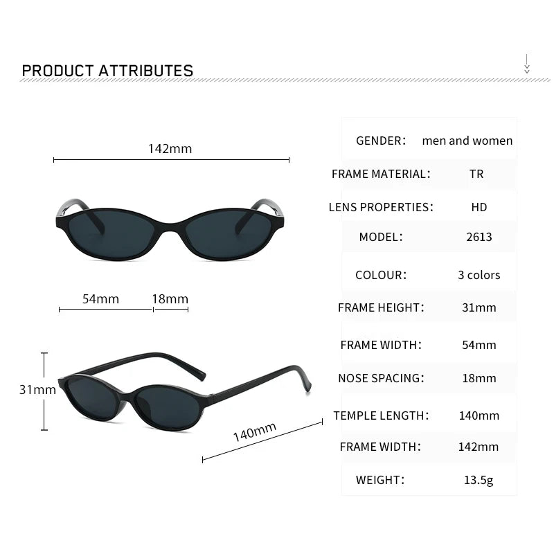 A product attributes list detailing specifications for retro oval frame sunglasses including dimensions, materials, and weigh