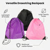 Three versions of a versatile drawstring backpack in purple, black, and pink are shown with features highlighted.