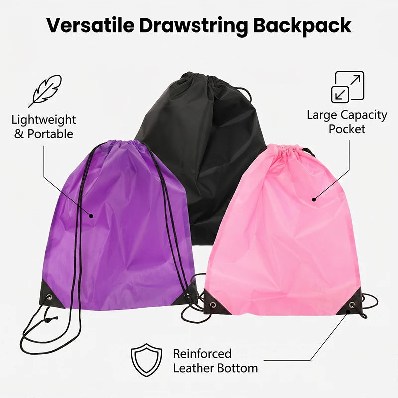 Three versions of a versatile drawstring backpack in purple, black, and pink are shown with features highlighted.