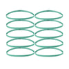 A set of five green elastic sports headbands laid out in a row.