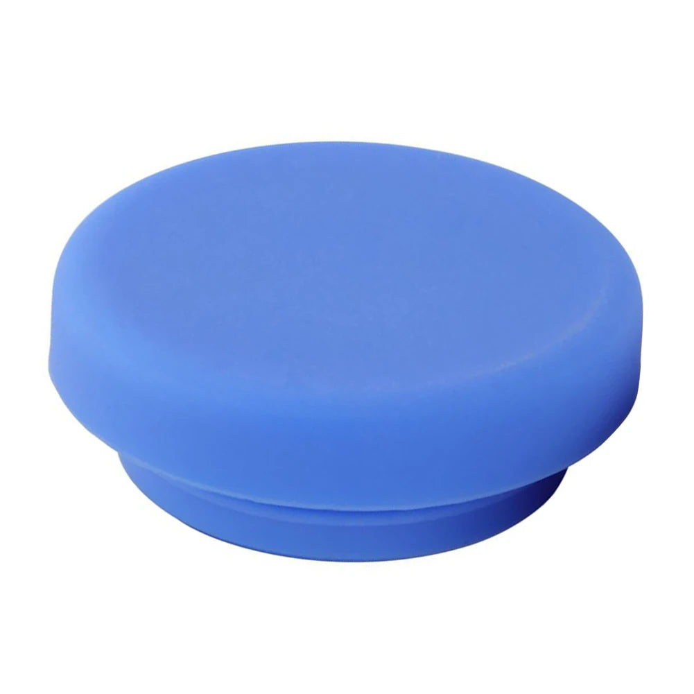 A smooth, round, blue silicone lid for a water bottle.
