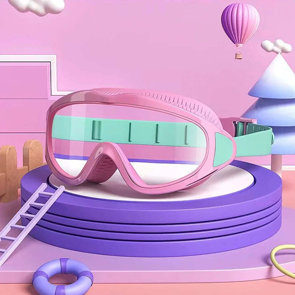 Pink swimming goggles resting on a purple tiered stand with a lavender ring nearby.