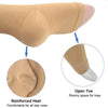 Tan compression stockings showing the reinforced heel and open toe design.