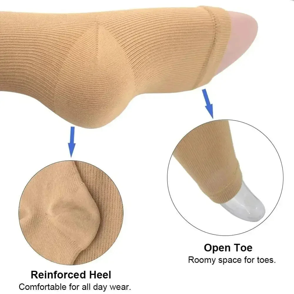 Tan compression stockings showing the reinforced heel and open toe design.