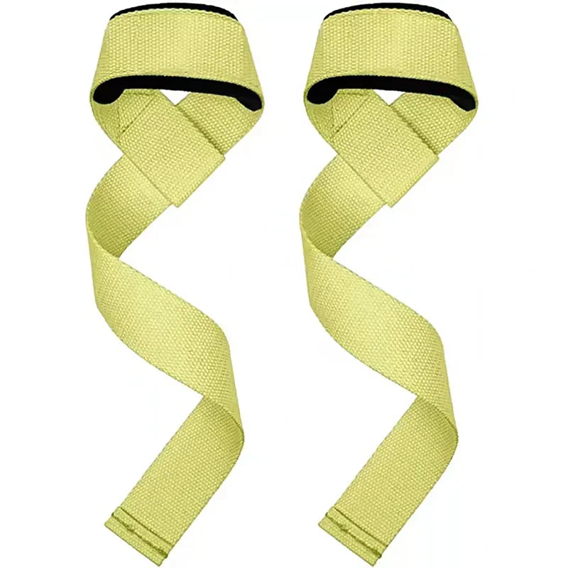 Pair of light yellow adjustable weightlifting wrist straps with black grips