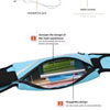 An adjustable blue sport waist bag showing various features like a waterproof zipper, main bunker, and storage compartments f