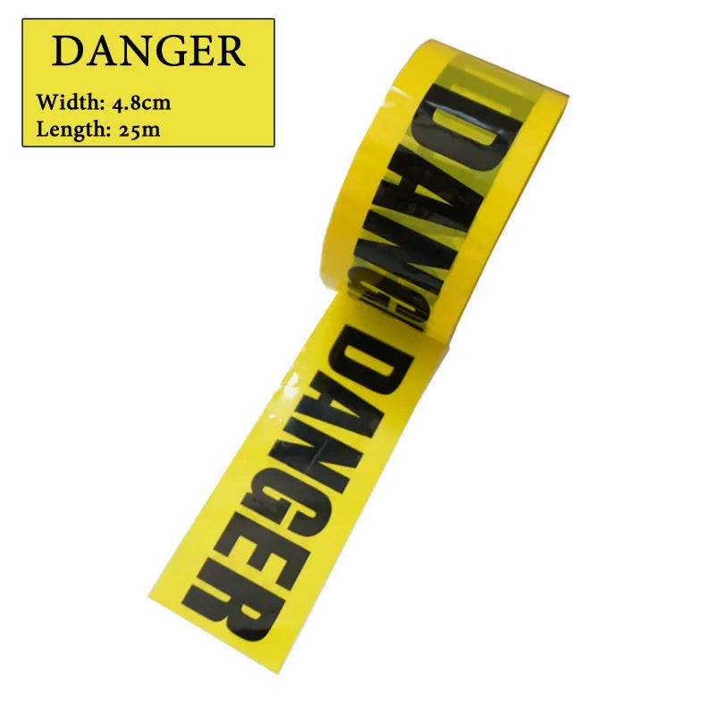 Yellow industrial safety warning tape roll with black lettering and dimensions listed.