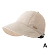 Gorra de béisbol beige con ala ancha y protección UV, vista de perfil.